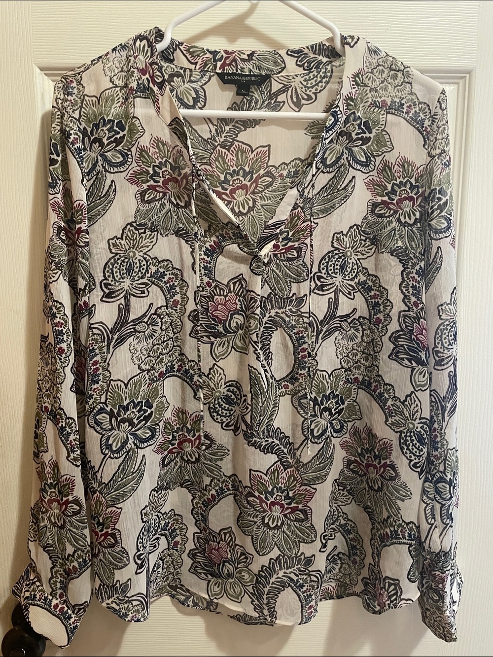 Banana Republic Floral V-Neck Long Sleeve Tunic - Cream with Green & Pink